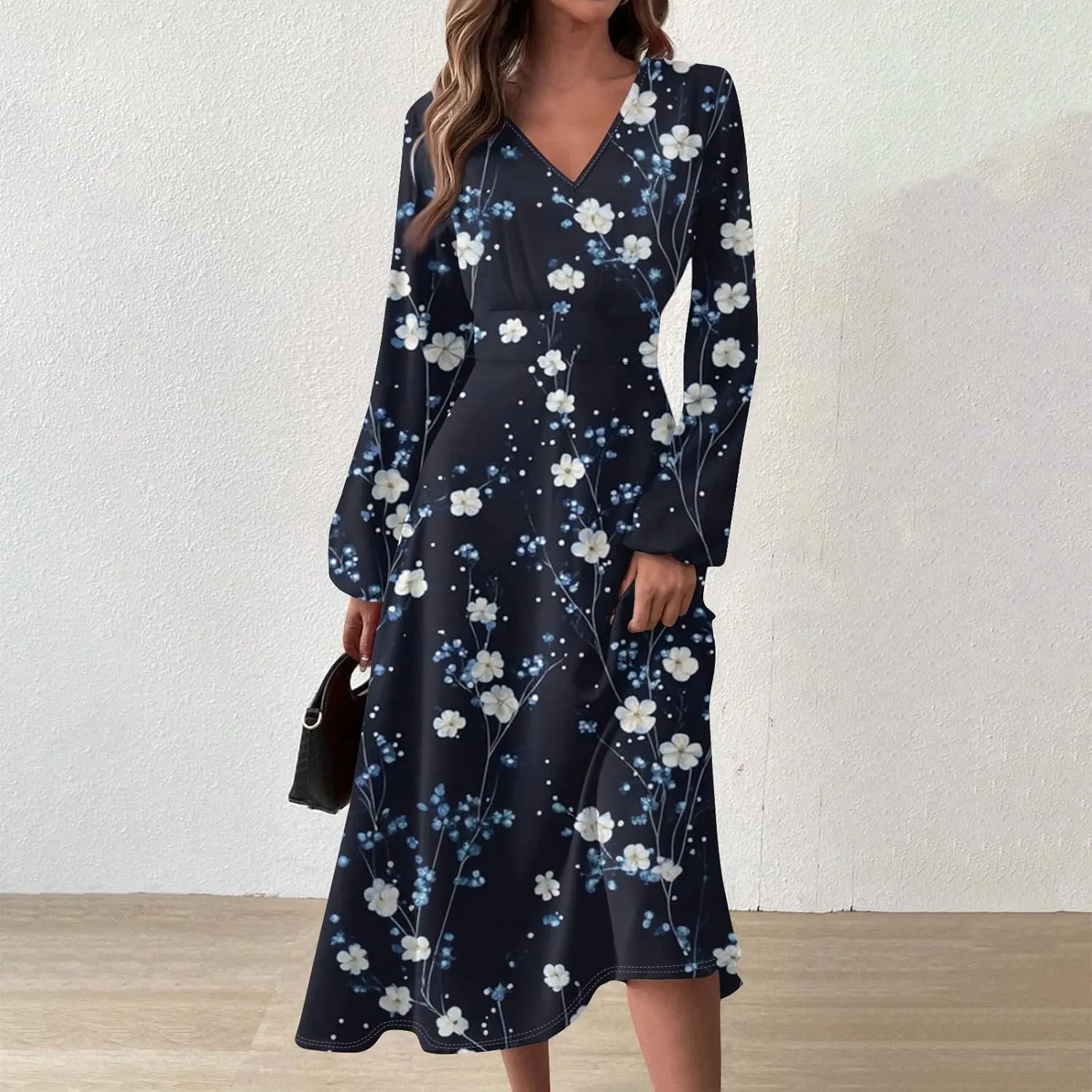 Women's Casual Fashion V-Neck Long Sleeve Floral Print Long Dress Fashion