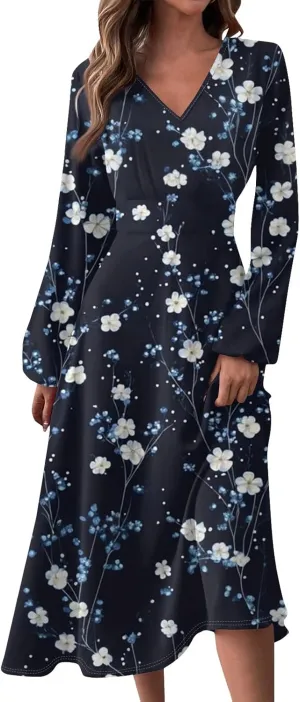 Women's Casual Fashion V-Neck Long Sleeve Floral Print Long Dress Fashion