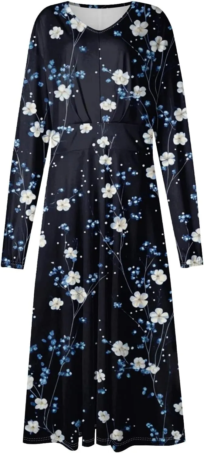 Women's Casual Fashion V-Neck Long Sleeve Floral Print Long Dress Fashion