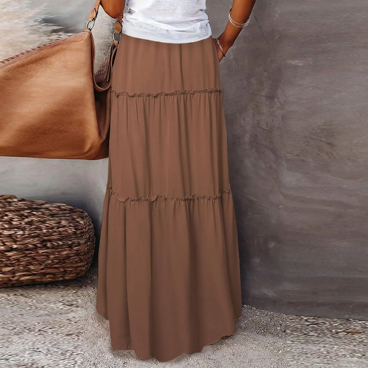 Womens Casual High Waist Tie Paisley Print Long Maxi Skirt Elastic Skirts A-Line Flowy Swing Pleated Skirts with Pockets