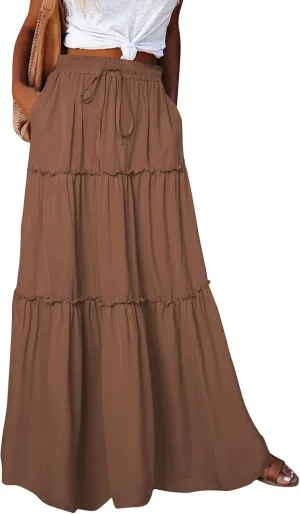 Womens Casual High Waist Tie Paisley Print Long Maxi Skirt Elastic Skirts A-Line Flowy Swing Pleated Skirts with Pockets