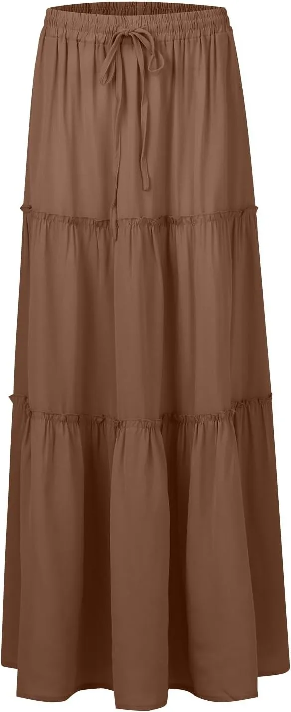 Womens Casual High Waist Tie Paisley Print Long Maxi Skirt Elastic Skirts A-Line Flowy Swing Pleated Skirts with Pockets