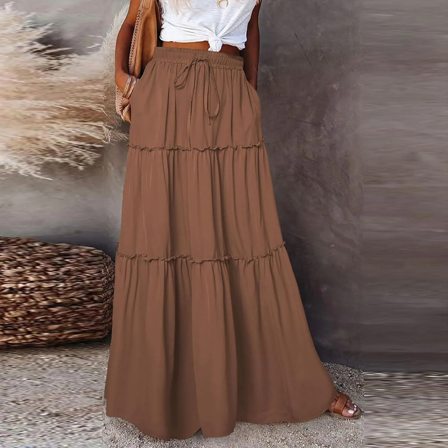 Womens Casual High Waist Tie Paisley Print Long Maxi Skirt Elastic Skirts A-Line Flowy Swing Pleated Skirts with Pockets