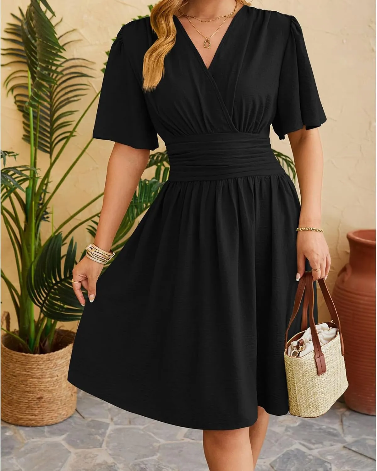 Womens Casual Short Sleeve Dress Dressy V Neck Ruched Wrap Midi Dresses Summer Elegant Trendy Travel Beach Sundress