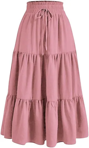 Women's Casual Skirts Summer Boho Flowy Midi Skirt A Line Pleated Long Skirts Tiered Elastic High Waisted Skirt