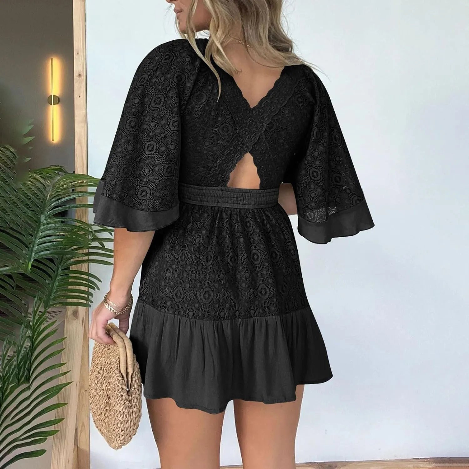 Womens Casual Summer Lace Dress Deep V Neck Short Sleeve Ruffle Hem Mini Dress Sexy Elegant Vacation Beach Dress 2025