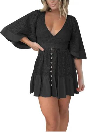 Womens Casual Summer Lace Dress Deep V Neck Short Sleeve Ruffle Hem Mini Dress Sexy Elegant Vacation Beach Dress 2025