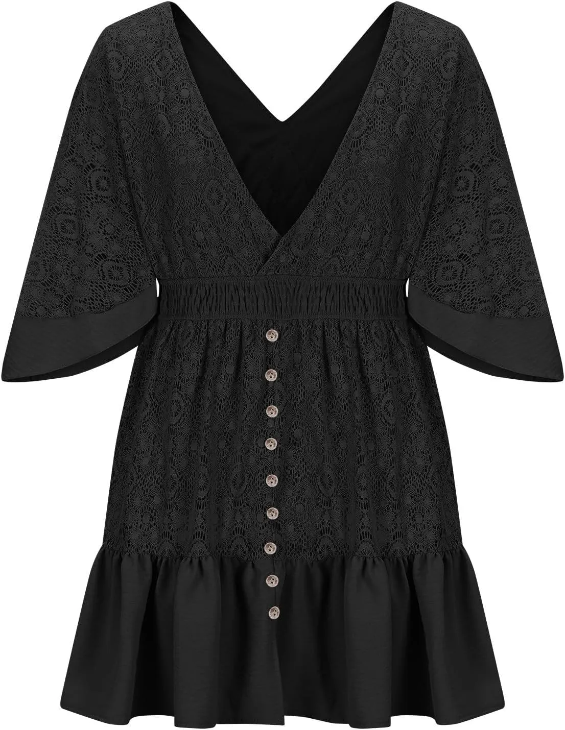 Womens Casual Summer Lace Dress Deep V Neck Short Sleeve Ruffle Hem Mini Dress Sexy Elegant Vacation Beach Dress 2025