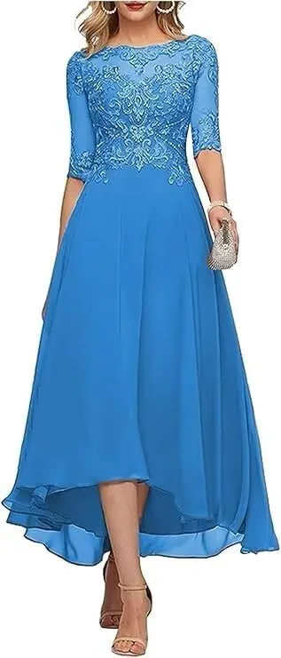 Women's Chiffon Mother of The Bride Dresses with 3/4 Sleeves Short Beaded Lace Appliques Formal Evening Dresses HND005