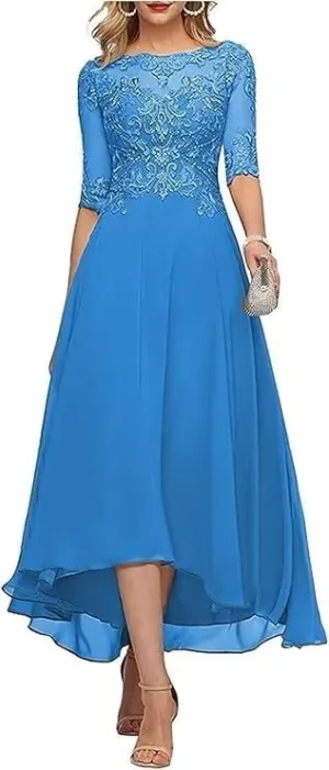 Women's Chiffon Mother of The Bride Dresses with 3/4 Sleeves Short Beaded Lace Appliques Formal Evening Dresses HND005