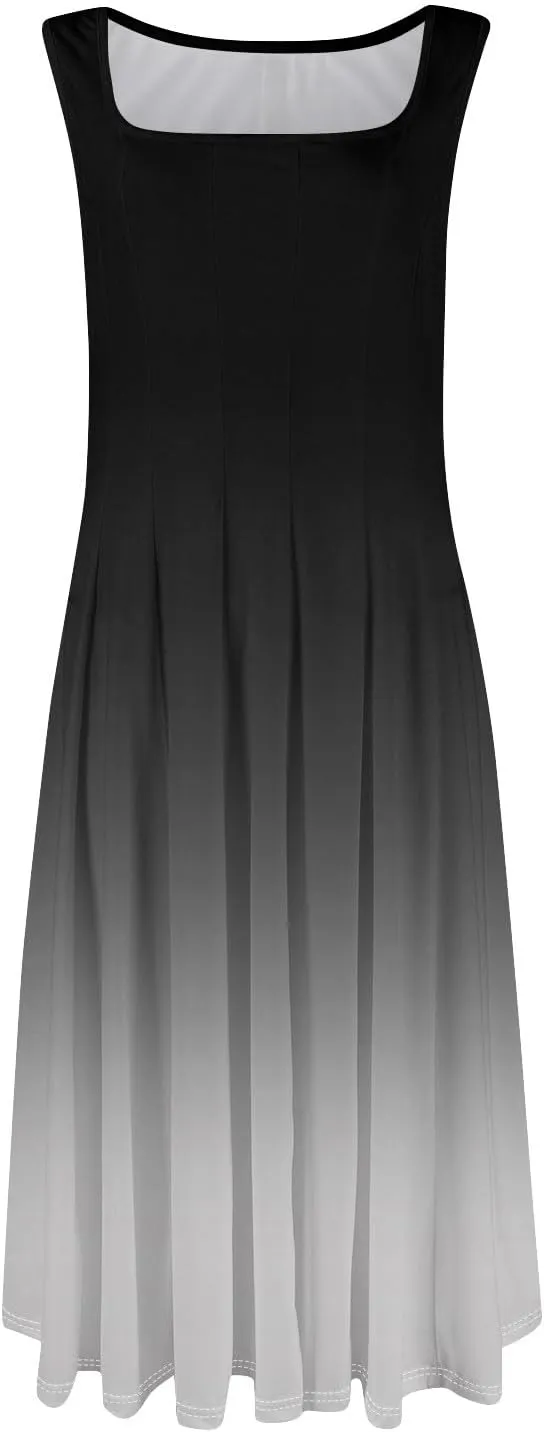 Womens Cocktail Sundresses,Formal Crew Neck Plus Size A Line Midi Dresses Casual Floral Smocked Flowy Tank Dress