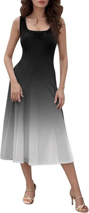Womens Cocktail Sundresses,Formal Crew Neck Plus Size A Line Midi Dresses Casual Floral Smocked Flowy Tank Dress