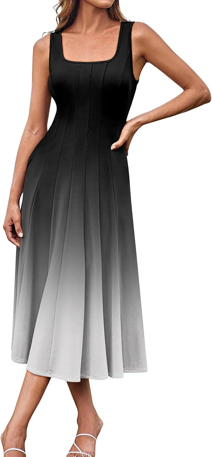 Womens Cocktail Sundresses,Formal Crew Neck Plus Size A Line Midi Dresses Casual Floral Smocked Flowy Tank Dress