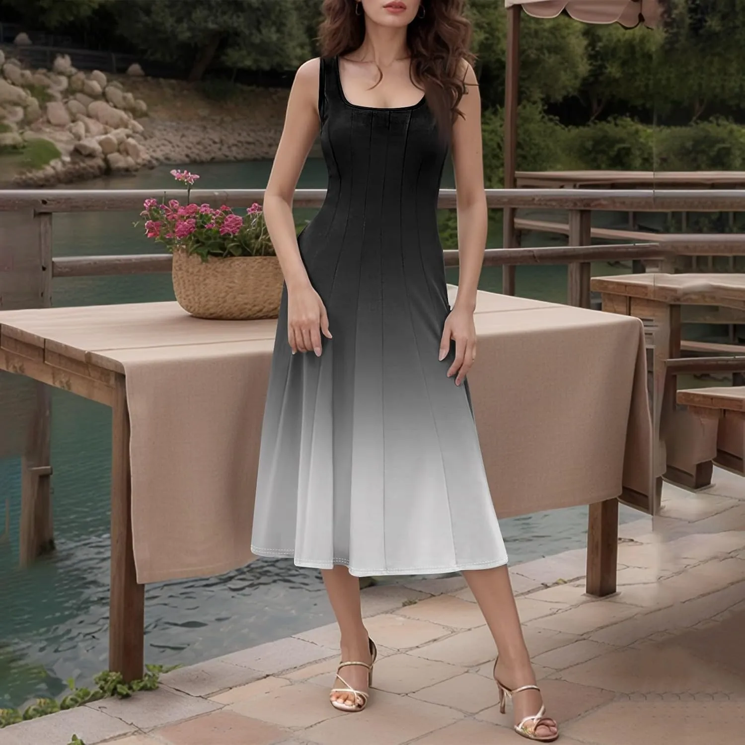 Womens Cocktail Sundresses,Formal Crew Neck Plus Size A Line Midi Dresses Casual Floral Smocked Flowy Tank Dress