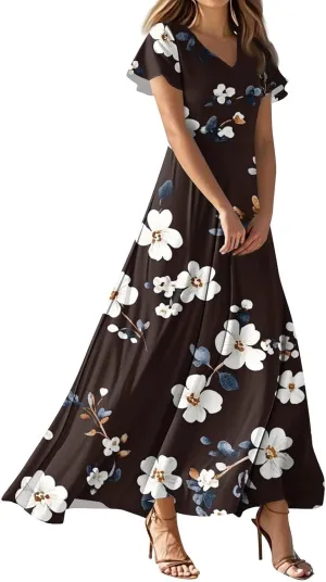 Women's Cruise Outfits 2025 Casual Loose Trendy Chiffon Short Sleeve V-Neck Floral Print Maxi Dress Clothes, XS-2XL