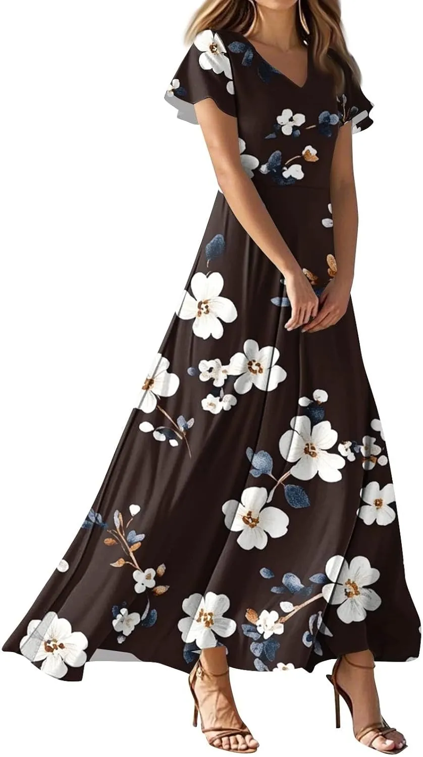 Women's Cruise Outfits 2025 Casual Loose Trendy Chiffon Short Sleeve V-Neck Floral Print Maxi Dress Clothes, XS-2XL