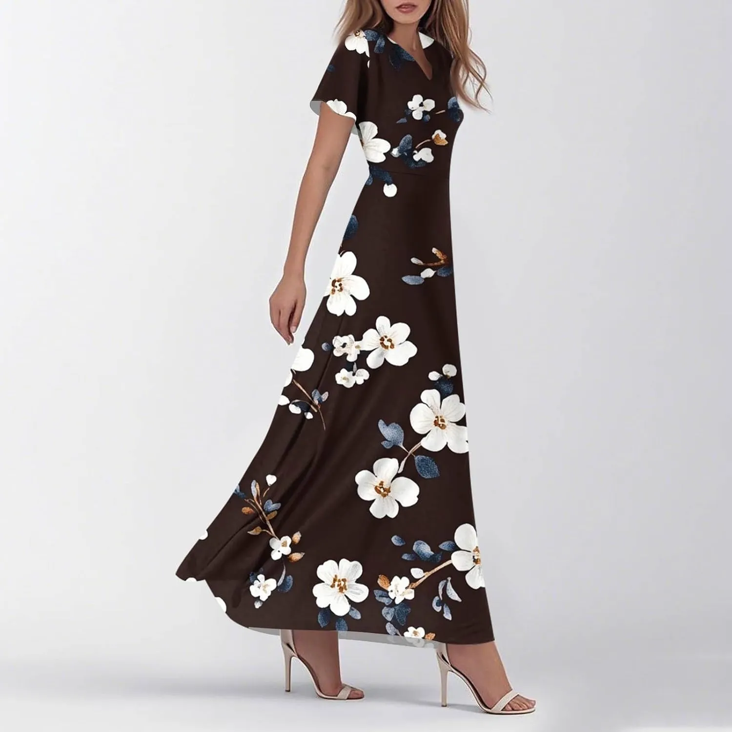 Women's Cruise Outfits 2025 Casual Loose Trendy Chiffon Short Sleeve V-Neck Floral Print Maxi Dress Clothes, XS-2XL