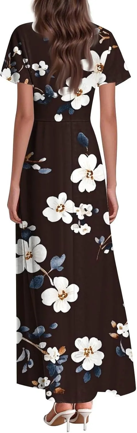 Women's Cruise Outfits 2025 Casual Loose Trendy Chiffon Short Sleeve V-Neck Floral Print Maxi Dress Clothes, XS-2XL