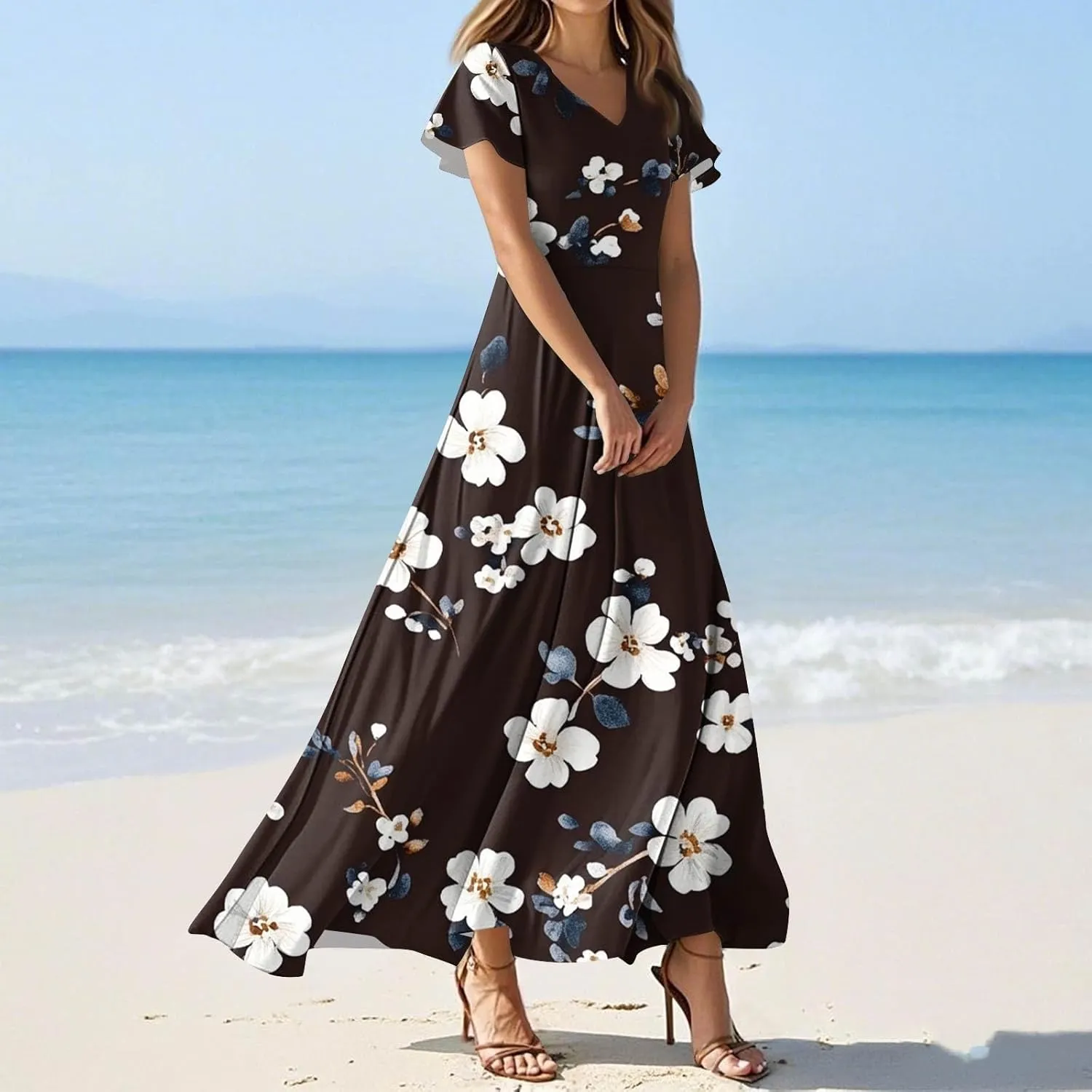 Women's Cruise Outfits 2025 Casual Loose Trendy Chiffon Short Sleeve V-Neck Floral Print Maxi Dress Clothes, XS-2XL