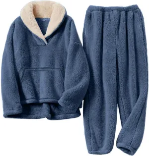 Women's Fluffy Pajamas Sets Fleece Loungewear Sleepwear Long Sleeve Pullover and Pants Set