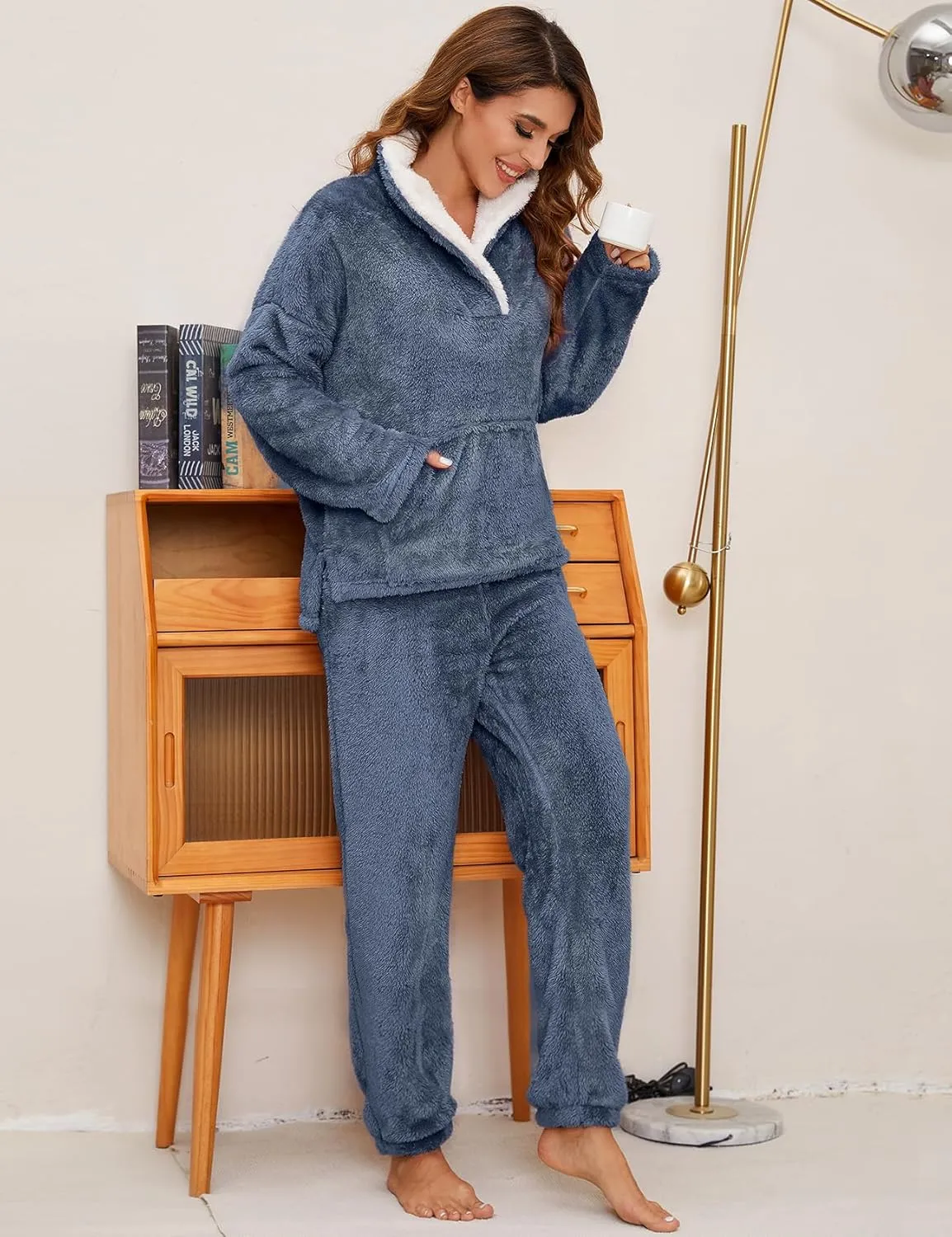 Women's Fluffy Pajamas Sets Fleece Loungewear Sleepwear Long Sleeve Pullover and Pants Set