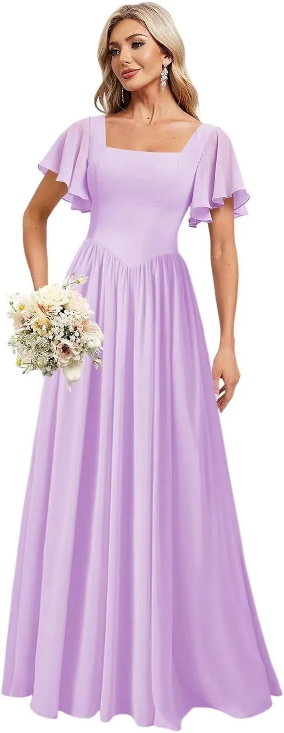 Women's Flutter Sleeves Bridesmaid Dresses 2025 Square Neck Chiffon Pleated Formal Evening Party Gowns DE441