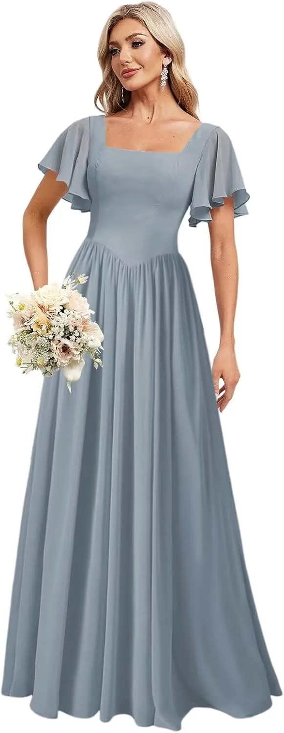 Women's Flutter Sleeves Bridesmaid Dresses 2025 Square Neck Chiffon Pleated Formal Evening Party Gowns DE441