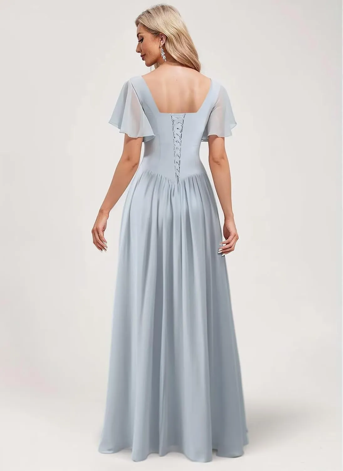 Women's Flutter Sleeves Bridesmaid Dresses 2025 Square Neck Chiffon Pleated Formal Evening Party Gowns DE441