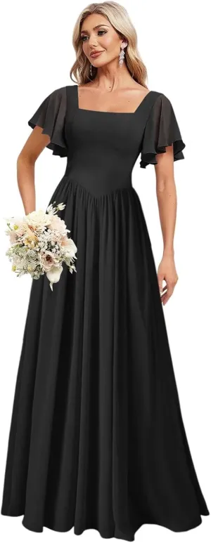 Women's Flutter Sleeves Bridesmaid Dresses 2025 Square Neck Chiffon Pleated Formal Evening Party Gowns DE441