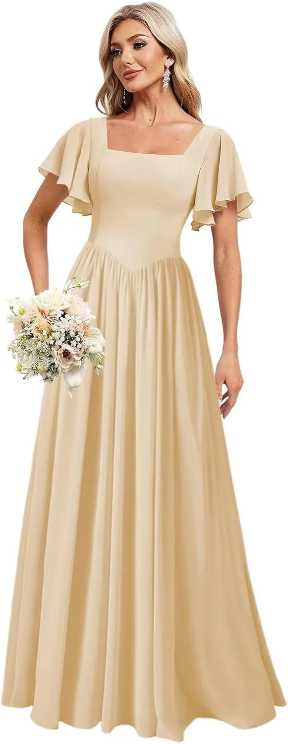 Women's Flutter Sleeves Bridesmaid Dresses 2025 Square Neck Chiffon Pleated Formal Evening Party Gowns DE441