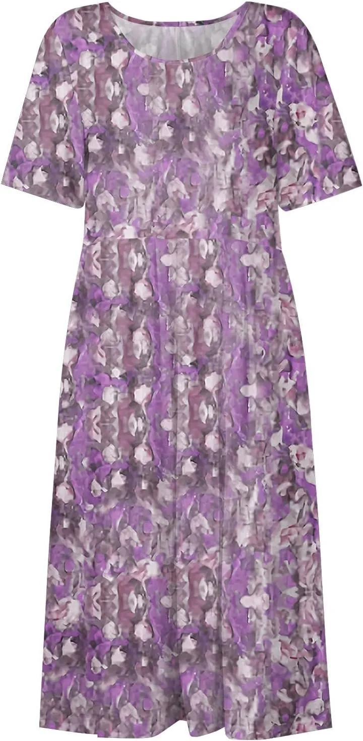 Women's Maxi Dresses 2025 Summer Casual Loose Trendy Short Sleeve Round Neck Solid Floral Printed Dress Plus Size, S-3XL