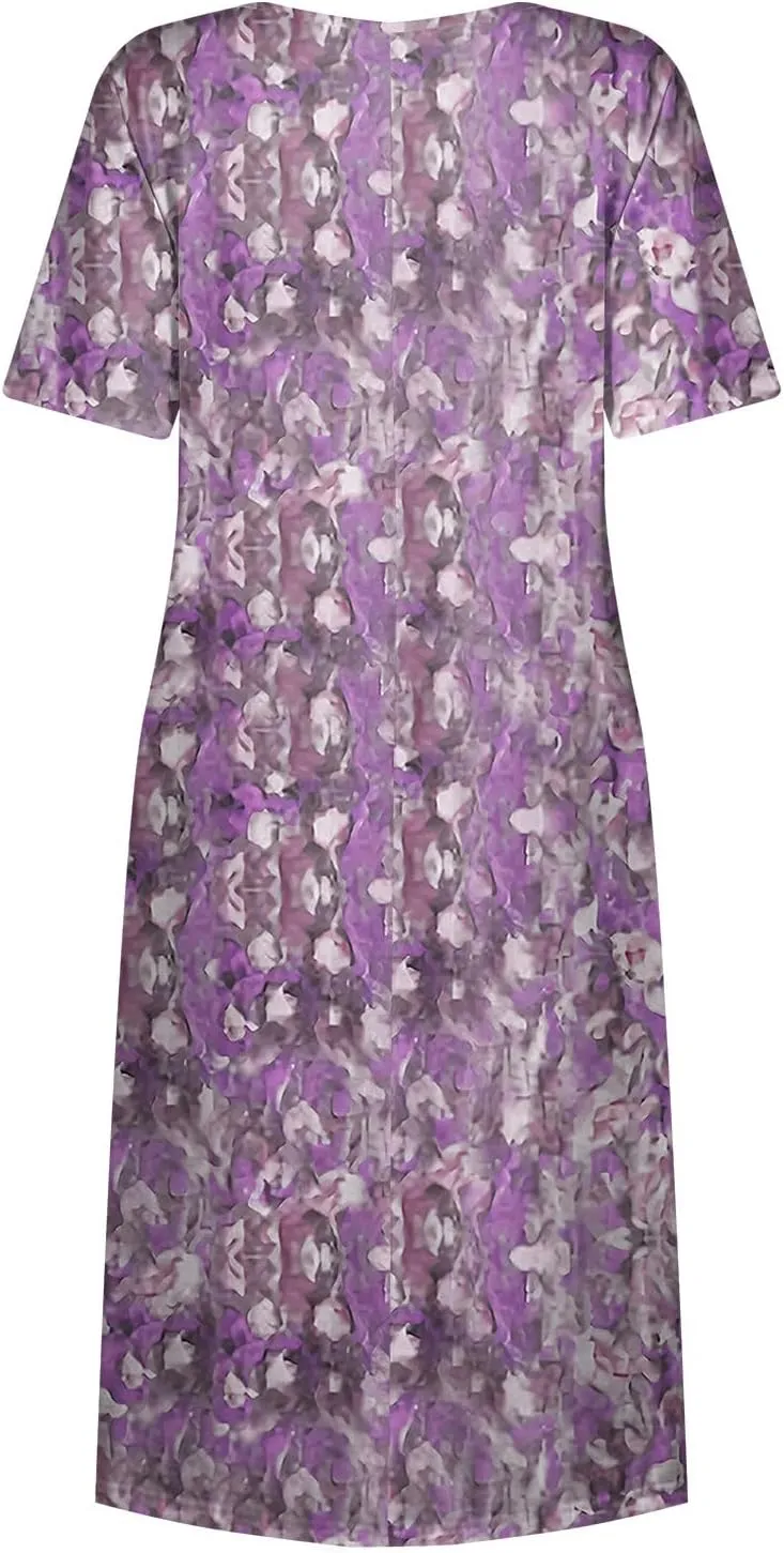 Women's Maxi Dresses 2025 Summer Casual Loose Trendy Short Sleeve Round Neck Solid Floral Printed Dress Plus Size, S-3XL