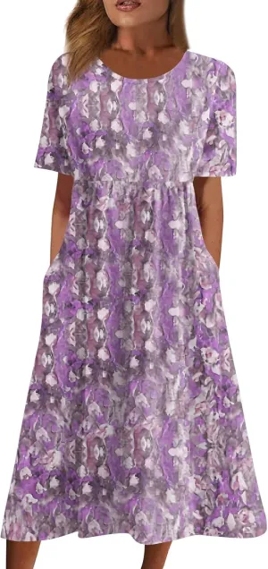 Women's Maxi Dresses 2025 Summer Casual Loose Trendy Short Sleeve Round Neck Solid Floral Printed Dress Plus Size, S-3XL