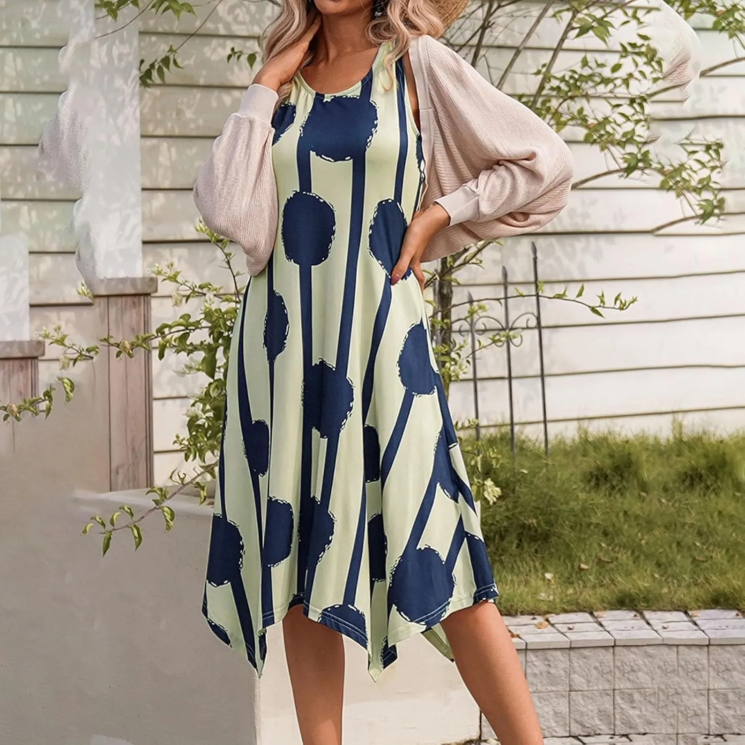 Womens Midi Dress Casual Summer Sleeveless Irregular Hankerchief Hem Long Maxi Dress Tank Dresses with Pockets