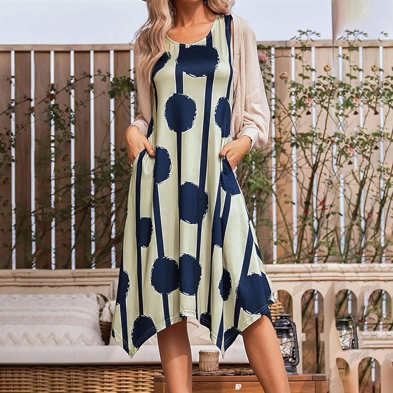 Womens Midi Dress Casual Summer Sleeveless Irregular Hankerchief Hem Long Maxi Dress Tank Dresses with Pockets