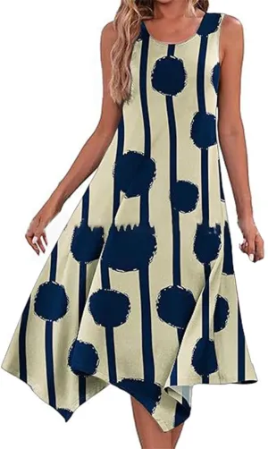 Womens Midi Dress Casual Summer Sleeveless Irregular Hankerchief Hem Long Maxi Dress Tank Dresses with Pockets