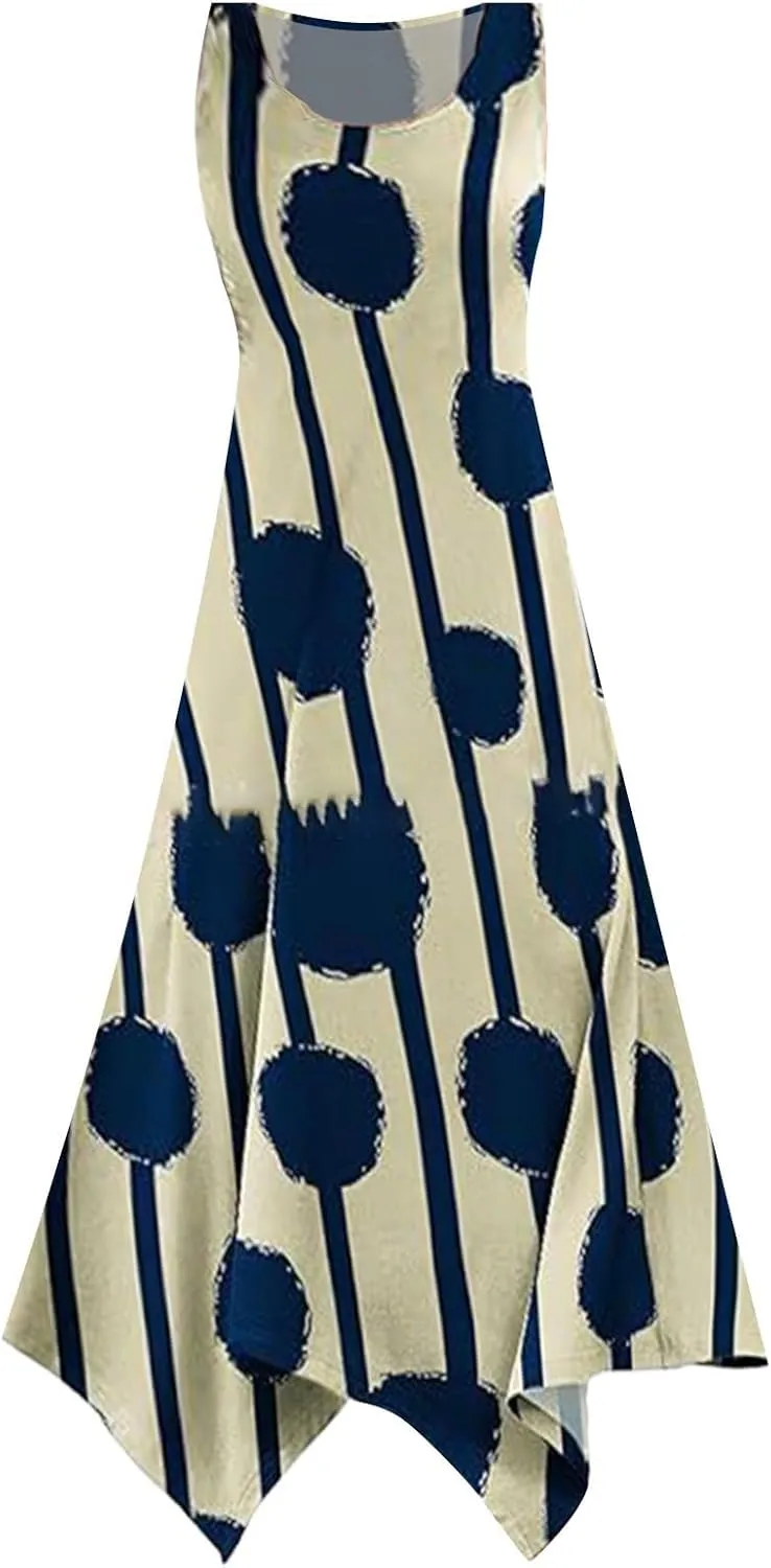 Womens Midi Dress Casual Summer Sleeveless Irregular Hankerchief Hem Long Maxi Dress Tank Dresses with Pockets