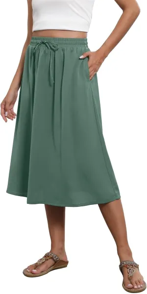 Women's Midi Skirt Summer Drawstring High Waisted Knee Length Skirts Pleated A-Line Cute Tropical Skirt with Pockets