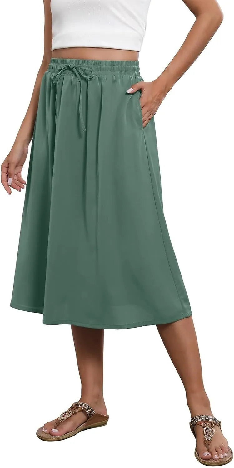 Women's Midi Skirt Summer Drawstring High Waisted Knee Length Skirts Pleated A-Line Cute Tropical Skirt with Pockets