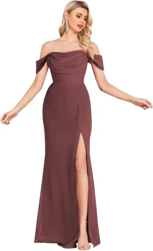 Women's Off The Shoulder Bridesmaid Dresses Side Split Chiffon Mermaid Long Formal Evening Gown