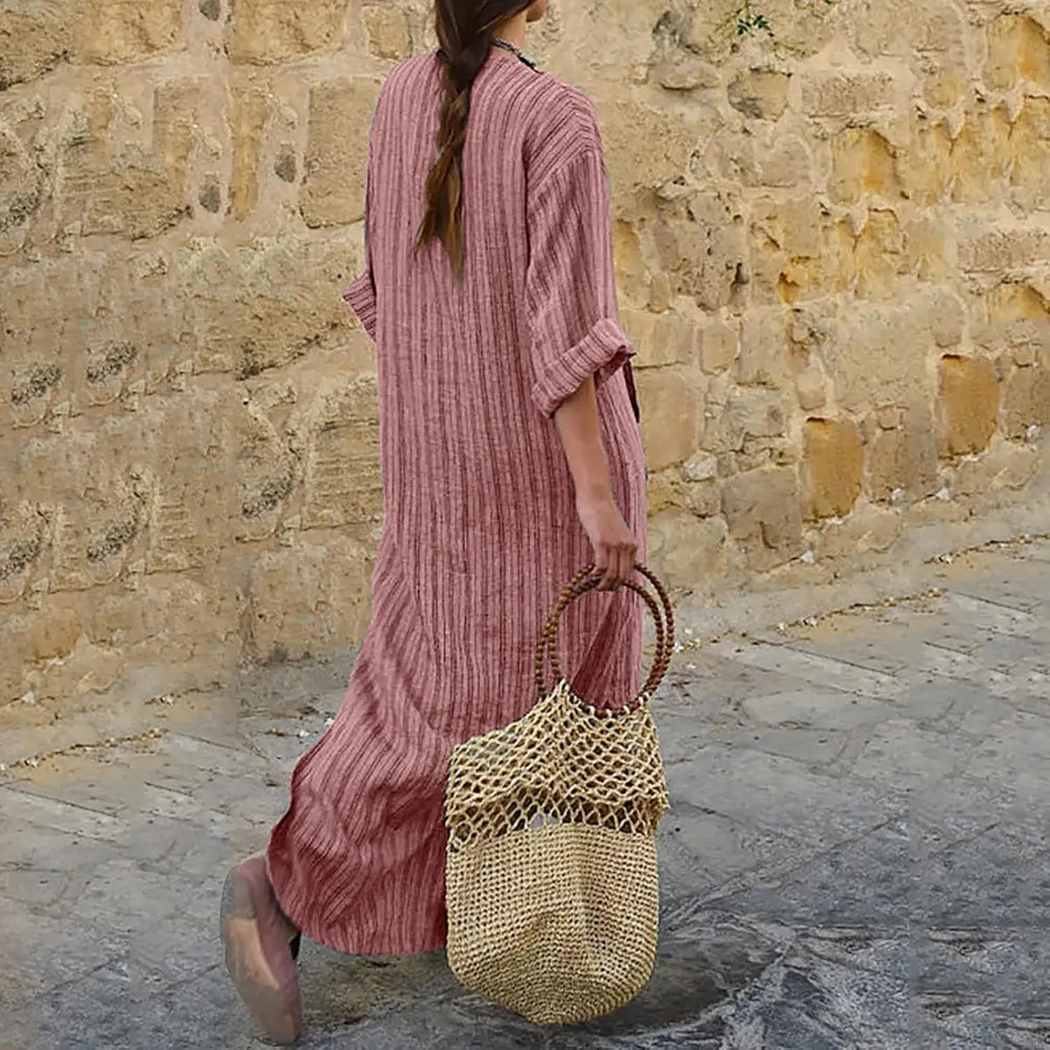Women's Plus Size Cotton Linen Dresses Striped V Neck Caftans 3/4 Sleeve Casual Loose Maxi Beach Dress with Pockets