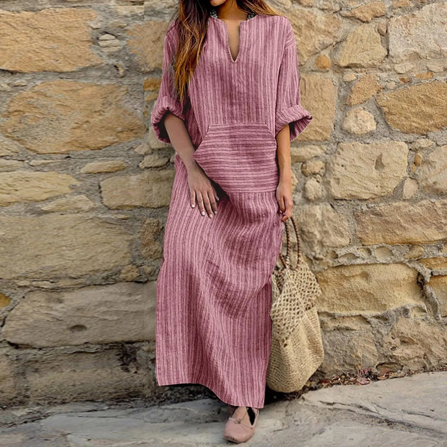 Women's Plus Size Cotton Linen Dresses Striped V Neck Caftans 3/4 Sleeve Casual Loose Maxi Beach Dress with Pockets