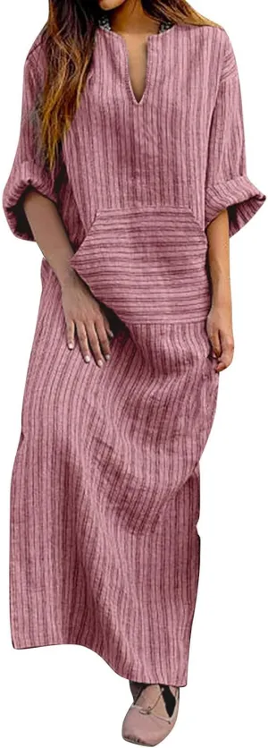 Women's Plus Size Cotton Linen Dresses Striped V Neck Caftans 3/4 Sleeve Casual Loose Maxi Beach Dress with Pockets