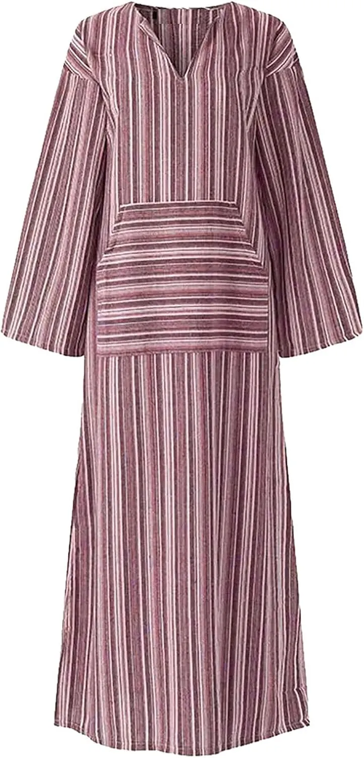 Women's Plus Size Cotton Linen Dresses Striped V Neck Caftans 3/4 Sleeve Casual Loose Maxi Beach Dress with Pockets