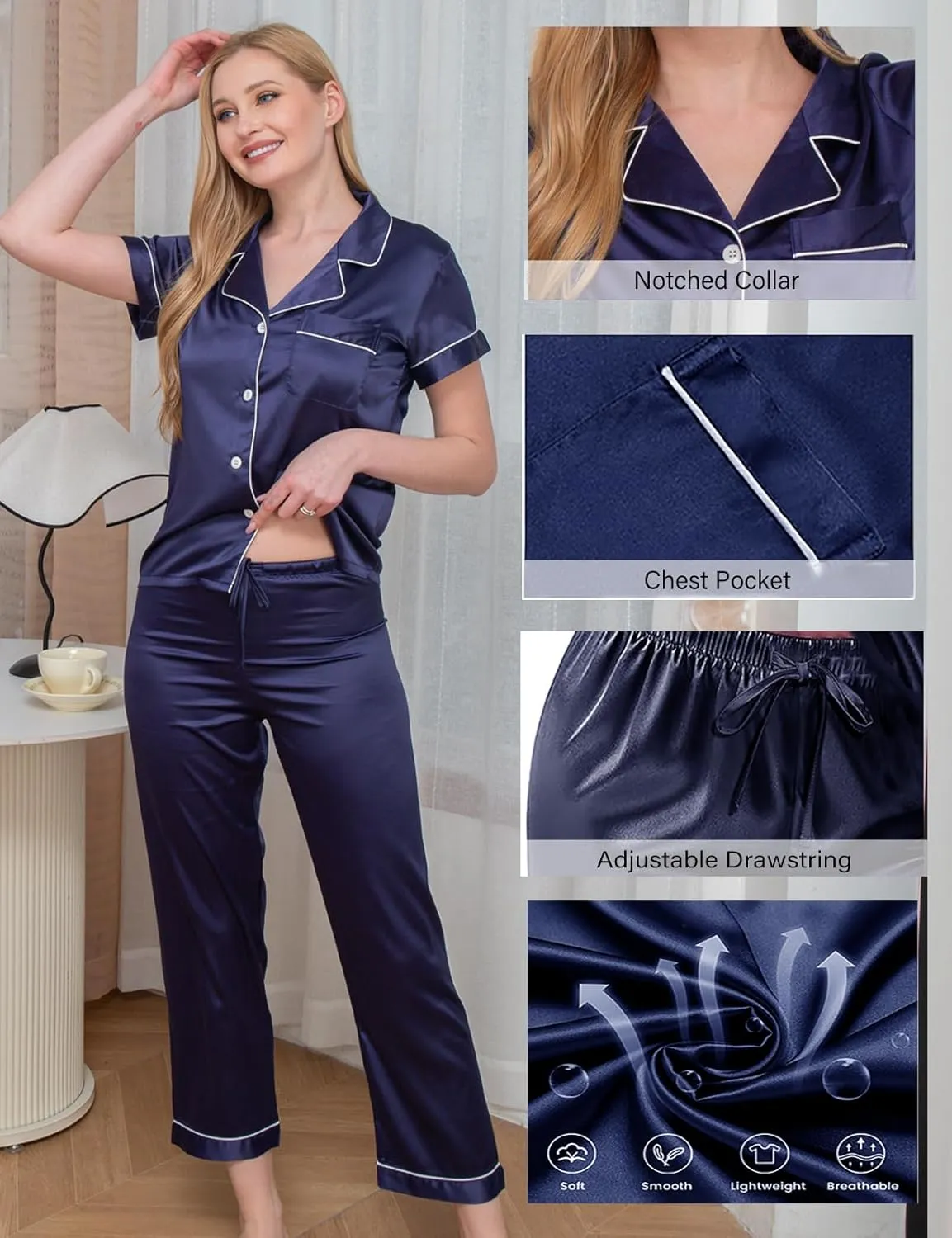 Womens Satin Silk 5Pcs Set Pajamas Sexy Cami Sets Silky Pajama Sets Sleepwear Lingerie Nightwear Pjs Loungewear