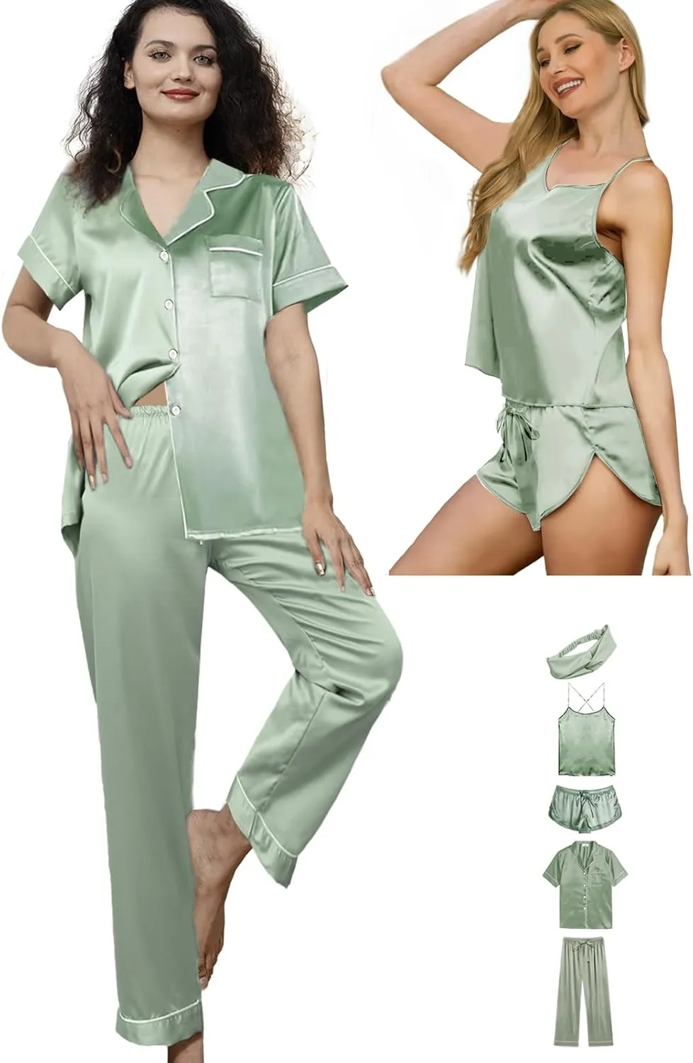 Womens Satin Silk 5Pcs Set Pajamas Sexy Cami Sets Silky Pajama Sets Sleepwear Lingerie Nightwear Pjs Loungewear
