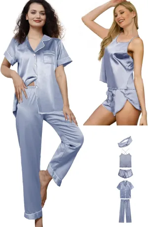 Womens Satin Silk 5Pcs Set Pajamas Sexy Cami Sets Silky Pajama Sets Sleepwear Lingerie Nightwear Pjs Loungewear