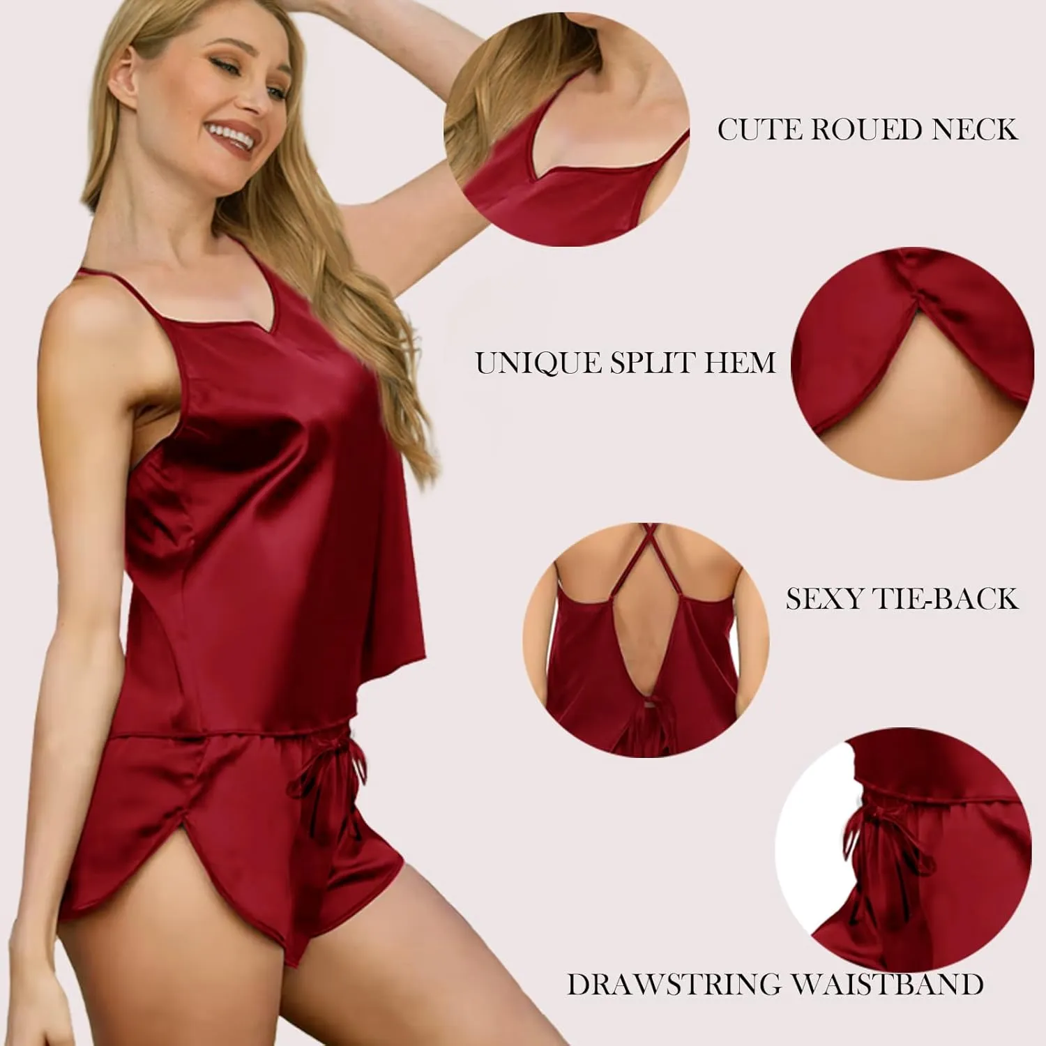 Womens Satin Silk 5Pcs Set Pajamas Sexy Cami Sets Silky Pajama Sets Sleepwear Lingerie Nightwear Pjs Loungewear