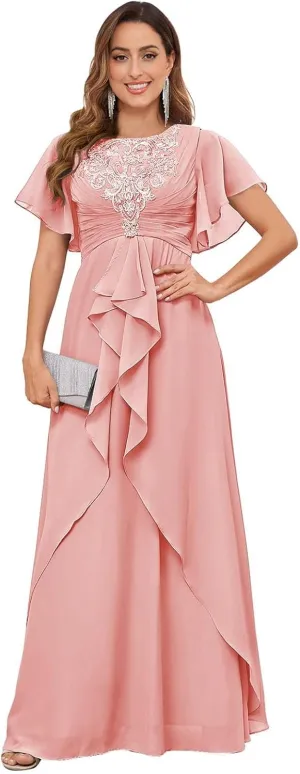 Women's Scoop Neck Chiffon Mother of The Bride Dresses with Sleeves Long Formal Evening Gown