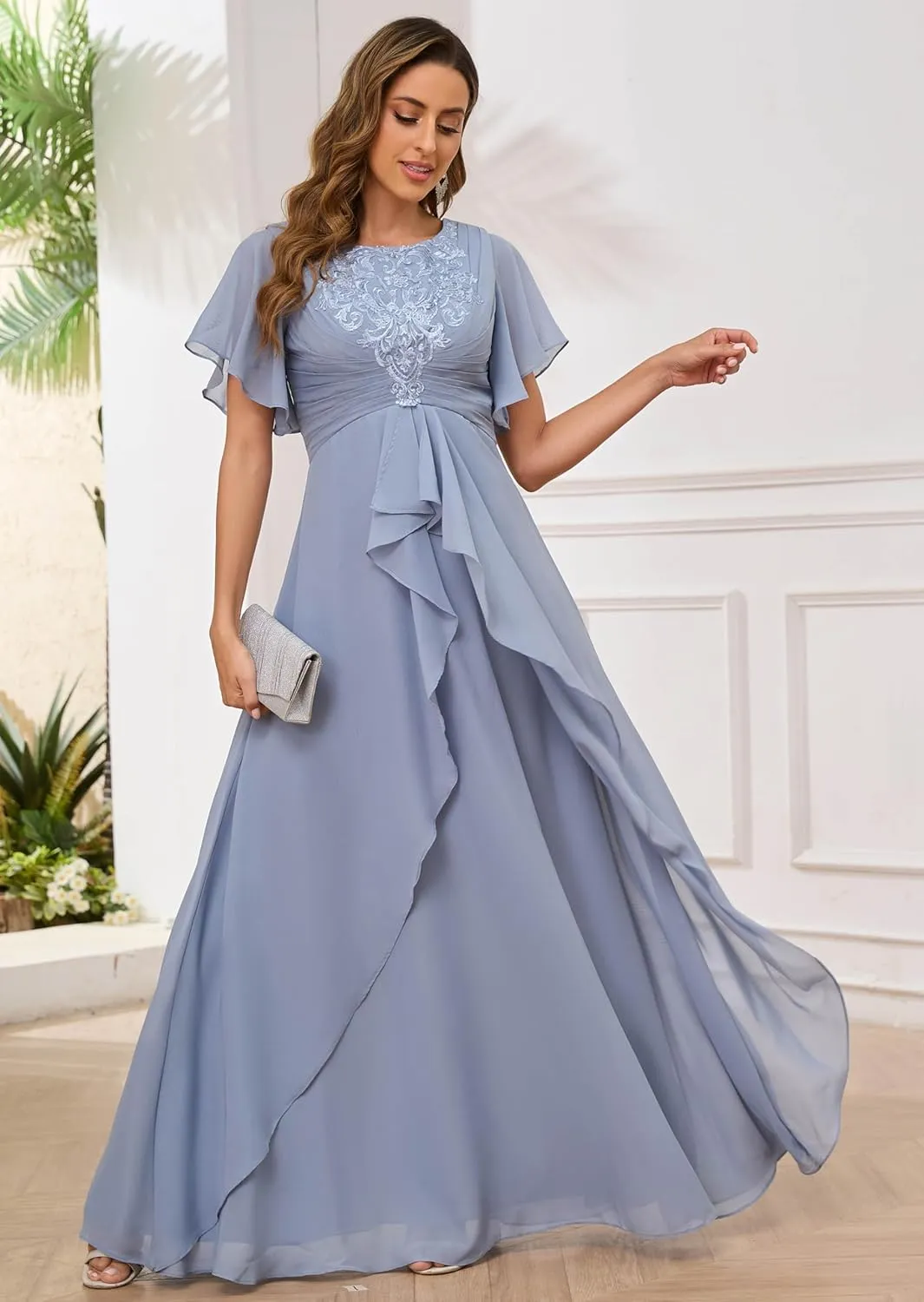 Women's Scoop Neck Chiffon Mother of The Bride Dresses with Sleeves Long Formal Evening Gown